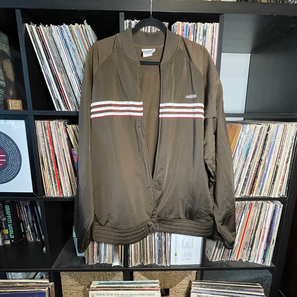 Adidas Brown Zip Up Sweater with Signature Stripes